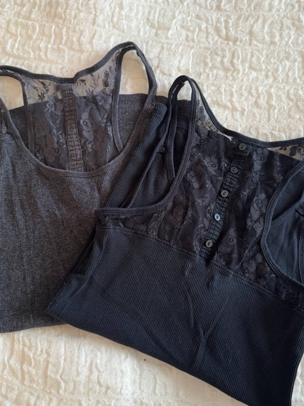 American Eagle Outfitters Lace-Panel Ribbed Tank Tops - Black & Charcoal set of2
